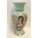 A Victorian transfer printed and over painted vase on turquoise ground, 33cm high Condition