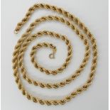 A 9ct gold long rope chain, length 69cm, weight 23.5gms Condition Report: Available upon request