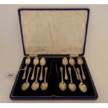 A cased set of twelve silver teaspoons with tongs, Birmingham 1938 Condition Report: Available
