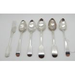A lot comprising five silver dessert spoons and a dessert fork, various maker's and hallmarks (6),