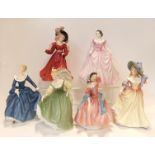 Six Royal Doulton figures including Fragrance, May Time, Fair Lady, Katy, Hope and Patricia