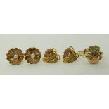 A 9ct gold three colour grapes and vines ring size L, matching earrings and a pair of 9ct bi-