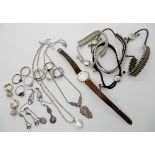 An Art Deco marcasite necklace, silver earrings, a ladies Rotary watch and other items Condition