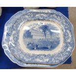 Four J & M P Bell Triumphal car blue and white platters and another platter depicting exhibition
