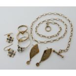 A 9ct gold chain, length 43cm, 9ct earrings, a 9ct yellow gem set ring size L and other items of