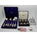 A lot comprising a cased set of six silver teaspoons, London 1849, a cased set of six silver