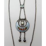 A Charles Horner silver, enamel and mother of pearl painted rose pendant necklace pendant drop