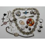 A white metal Victorian locket chain, a silver gardener with a wheelbarrow and other items Condition