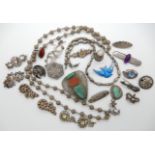 A white metal filigree ball chain, Victorian brooches and other items Condition Report: Not