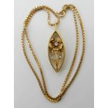 An 18ct gold retro diamond set flower pendant length 4cm and 18ct box chain length 40cm, weight 16.