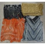 A beaded flappers top, a beaded skirt fringe, a gilt thread scarf and two pieces of beaded orange