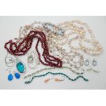 Cultured pearls and silver jewellery to include, a silver peridot bracelet, coral earrings etc