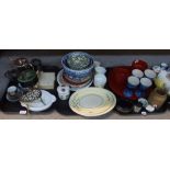 A red lacquer tray and bowls, assorted pottery, brass trivet and other items Condition Report: