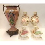 A Victorian urn in metal mounts painted with swallows, a pair of Pointons vases and a pair of