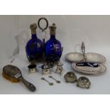 A tray lot of EP - two bottle decanter stand (decanters def), brush, condiments and salts