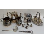 A tray lot of EP - three piece tea service, egg epergne, biscuit box, knife rests etc Condition