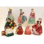 Six Royal Doulton figures including Pantalettes, Spring Morning, The Old Balloon Seller, Top O the
