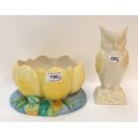 A Clarice Cliff waterlily planter together with a Belleek owl shaped vase Condition Report: