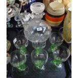 Six liqueur glasses with green shell stems and a cut glass decanter Condition Report: Available upon