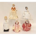 Five Royal Doulton figures including Dinky Do, Autumn Stroll, Amanda, Goody Two Shoes and Bedtime