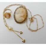 A 9ct gold cameo ring size K1/2, weight 2.3gms gilded white metal cameo brooch and a costume