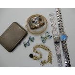 A silver card case, a silver Scottish agate inlaid serviette ring, and costume jewellery and watches