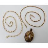 A 9ct belcher chain length 41cm, a 9ct gold rope chain 40cm (af) and a gold plated silver locket set