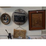 A small oval mirror, a novelty clock, a marquetry picture and a needlework purse Condition Report: