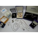 A silver necklace and earring set by Aurora and a collection of silver and costume jewellery