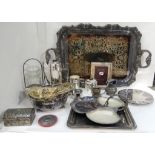 A lot comprising a silver plated twin handled serving tray, EP pot, pickle jar, dishes, sterling