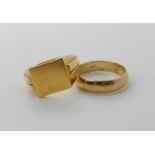 A 9ct gold wedding ring size T1/2, 4gms and an 18ct gold signet ring size V, weight 9.9gms Condition