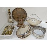 A tray lot of EP - wine cooler, entree dish, salver, loose cutlery etc Condition Report: Available