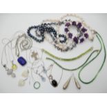 Cultured pearls and silver jewellery to include, a silver mounted lapis lazuli flower carved