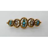 A 15ct gold turquoise and pearl brooch, length 3.8cm, weight 4.8gms Condition Report: Available upon