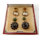 A pair of bright yellow metal garnet cluster earrings and a selection of others weight approx 9.6gms