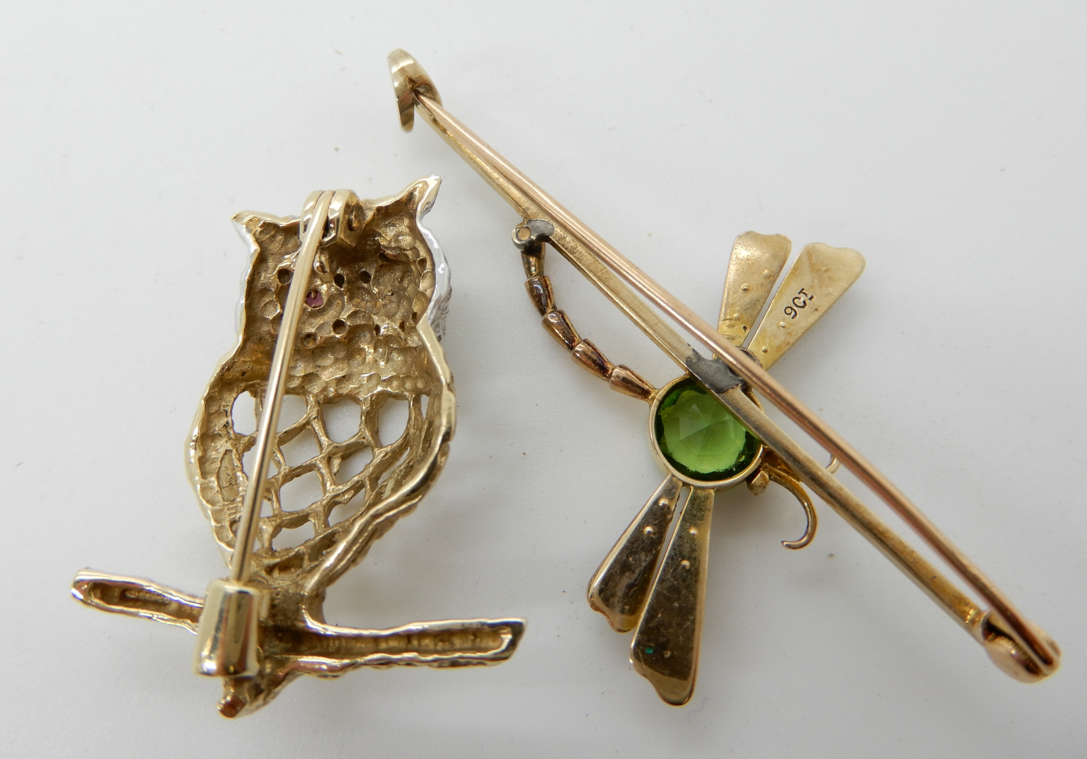 A 9ct gold diamond and ruby set owl brooch, length 3cm, together with a 9ct gold pearl and green gem - Image 2 of 2