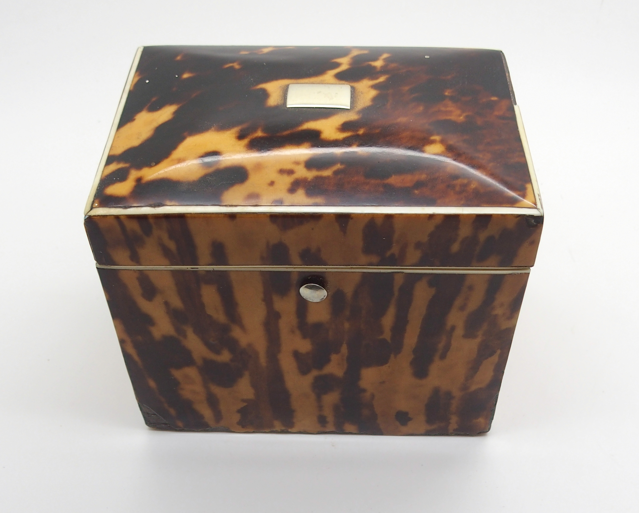 A REGENCY TORTOISESHELL TEA CADDY of rectangular form, with hinged lid with single lidded