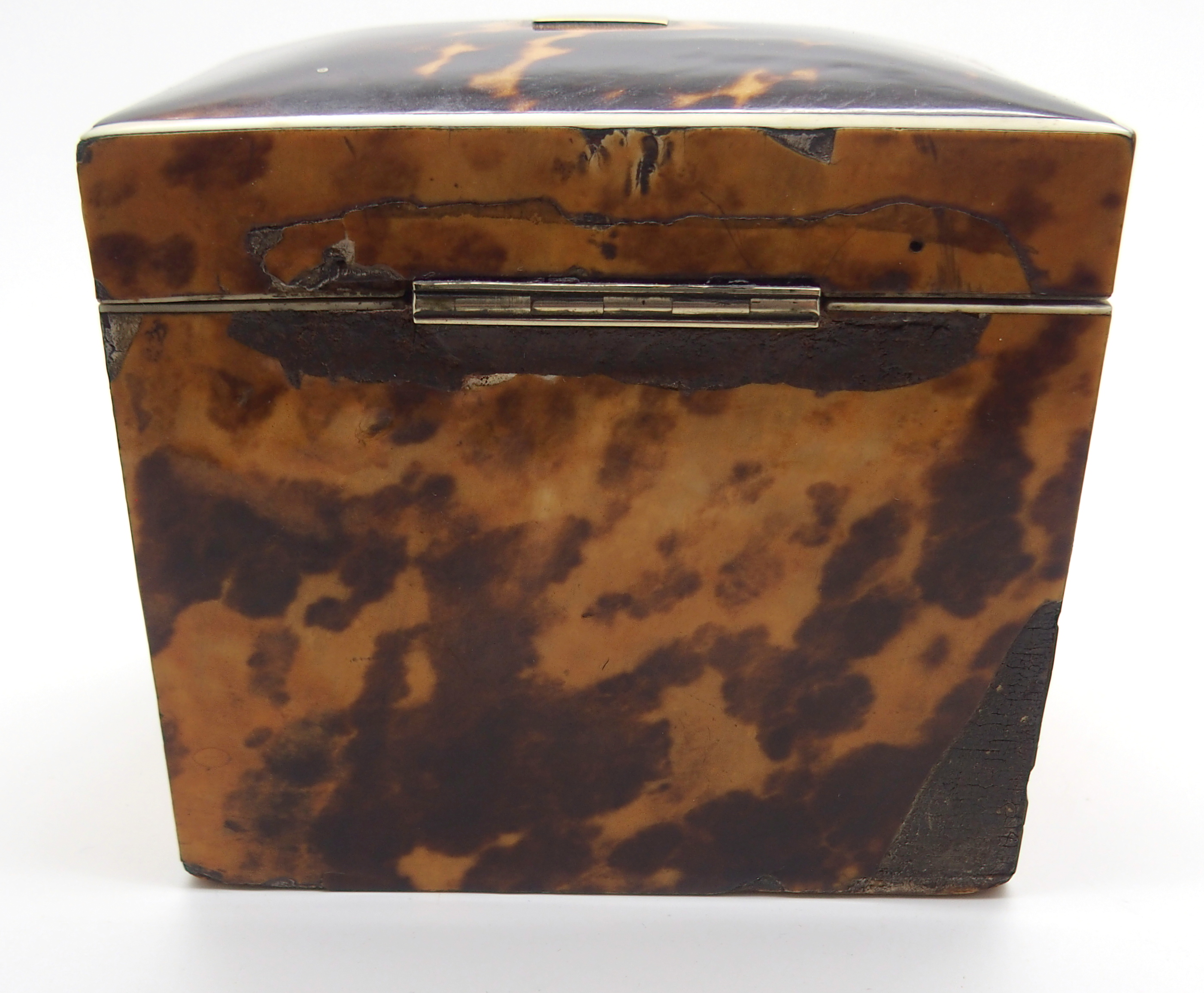 A REGENCY TORTOISESHELL TEA CADDY of rectangular form, with hinged lid with single lidded - Image 6 of 11