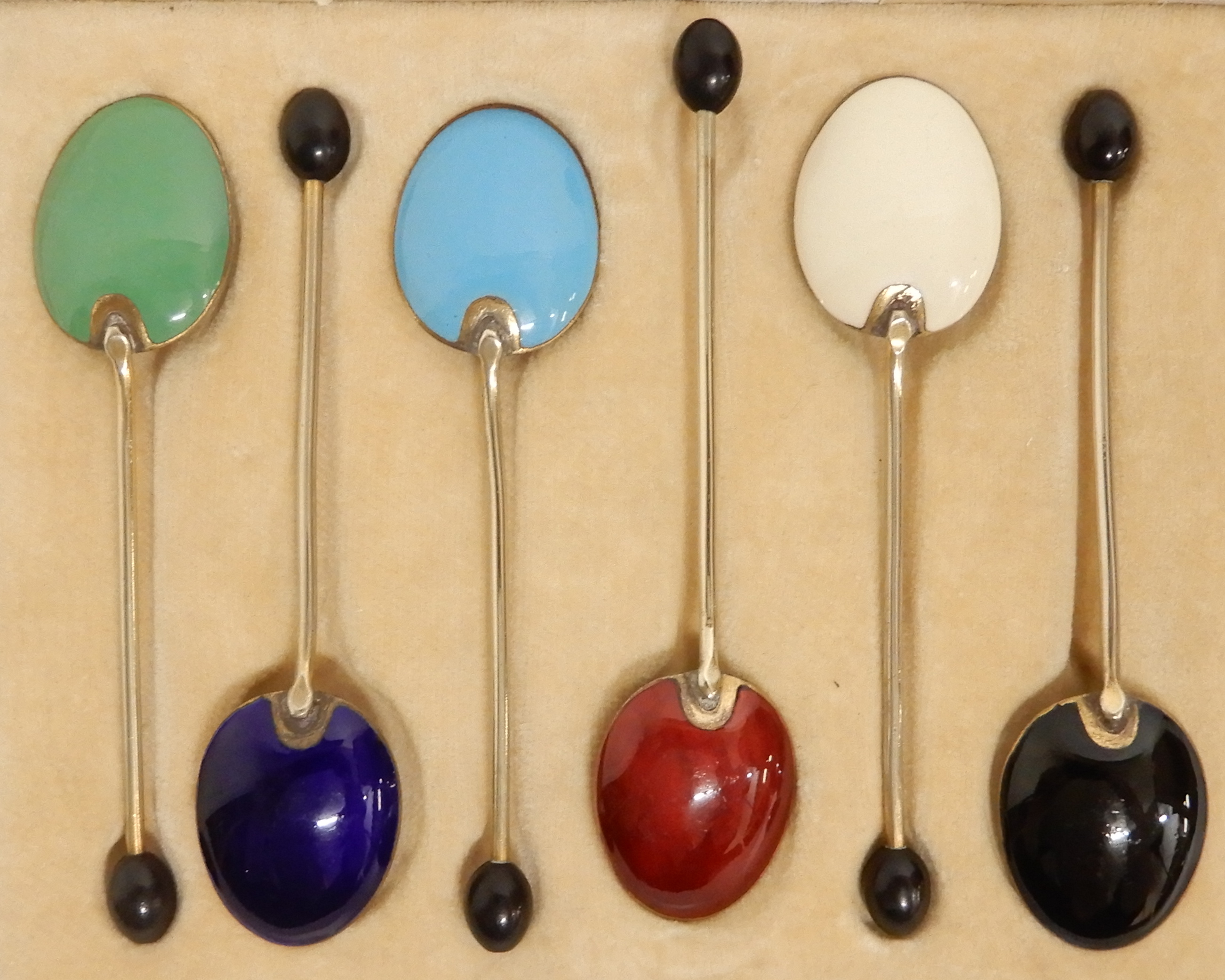 A CASED SET OF SIX SILVER AND ENAMEL COFFEE SPOONS by Turner & Simpson Limited, Birmingham 1935, the - Image 8 of 10
