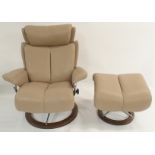 AN EKORNESS STRESSLESS LATTE LEATHER SWIVEL RECLINING CHAIR with chrome frame, circular base 103cm