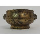 A CHINESE BRASS CENSER the bulbous body cast with grotesque mask handles, six character mark,760