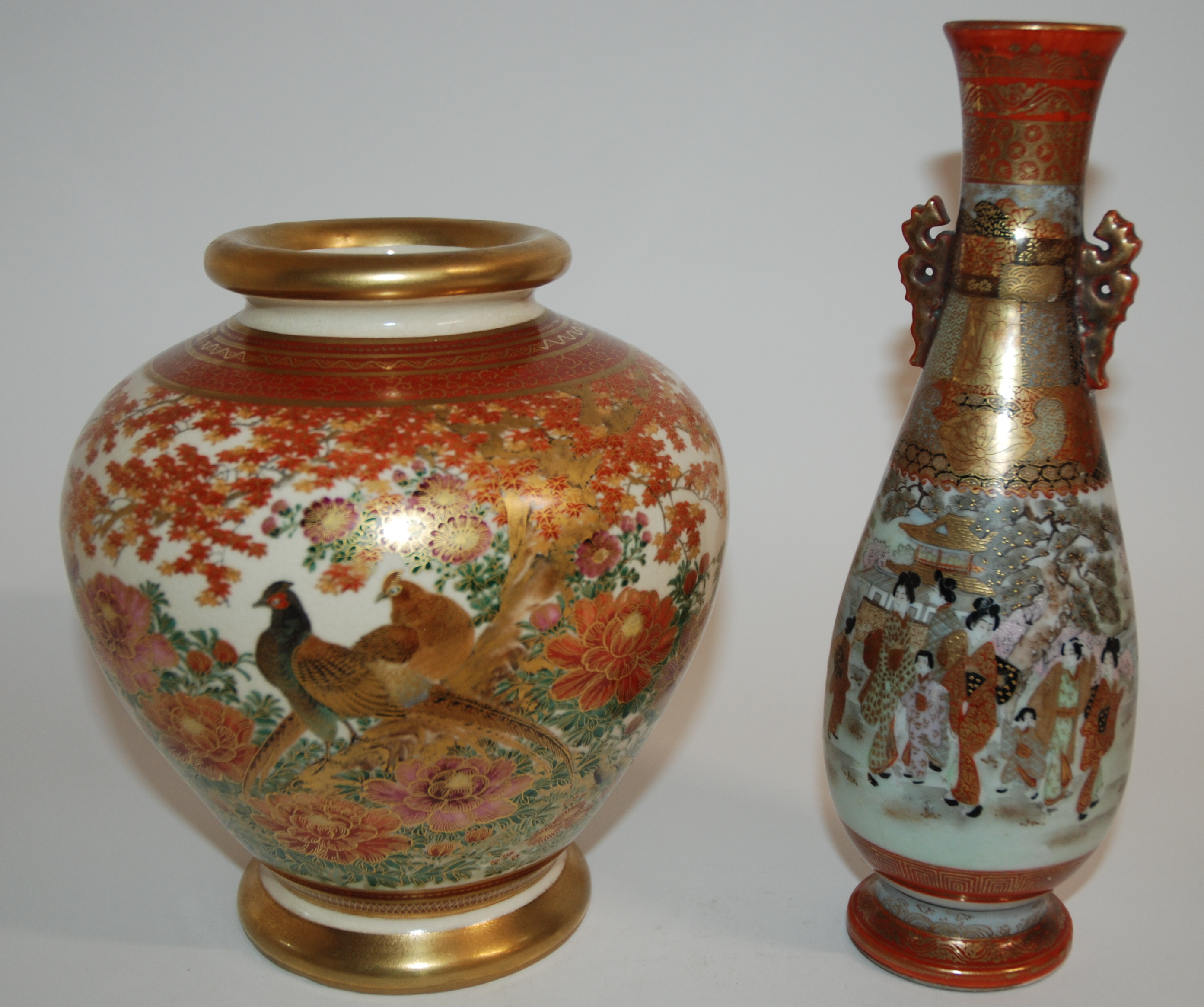 A PAIR OF SATSUMA CYLINDRICAL VASES painted with figures beneath wisteria and gilt trellis, the - Image 8 of 10