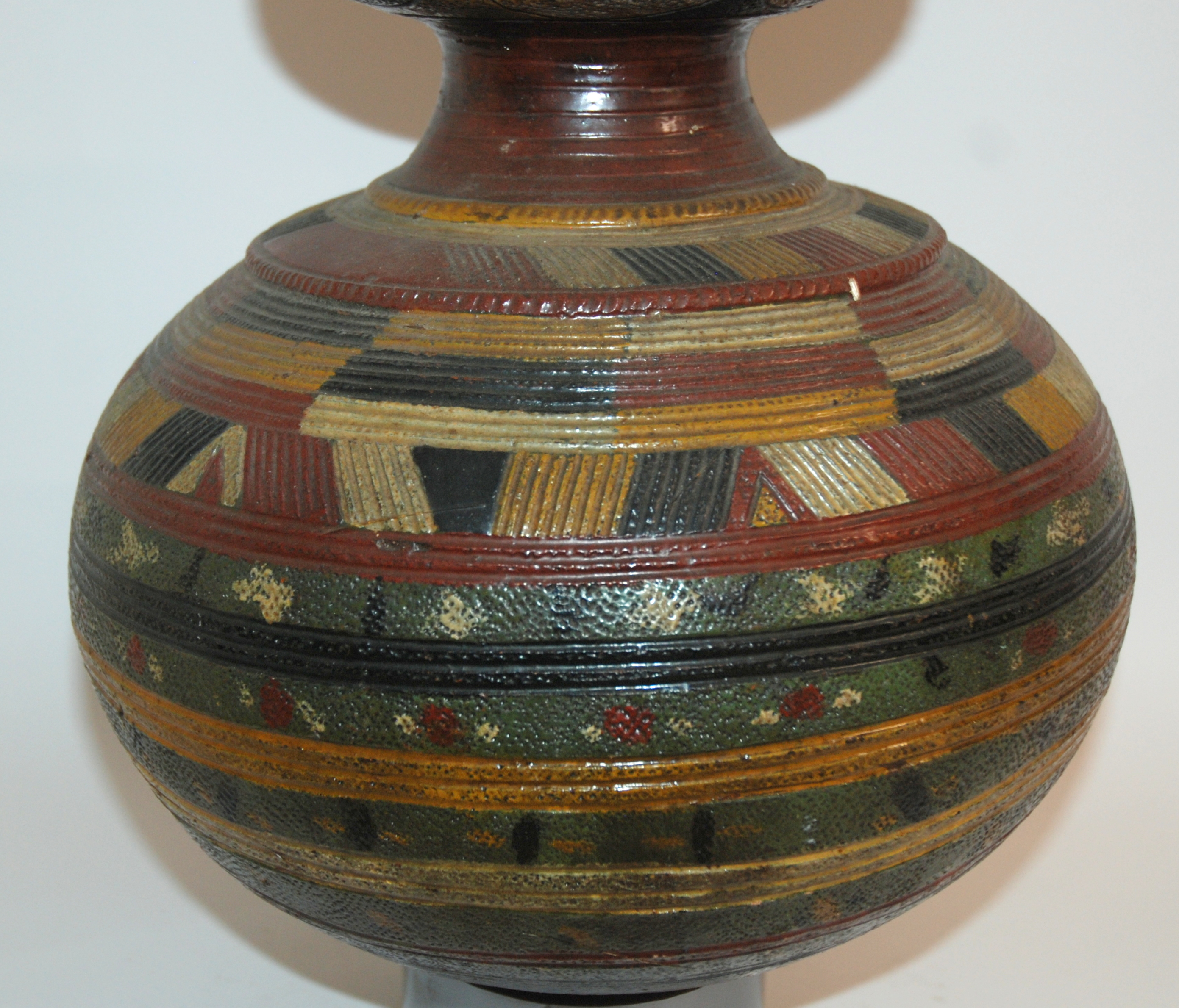 A NIGERIAN POTTERY GOURD SHAPED VESSEL incised and painted with geometric banding in colours, 36cm - Image 3 of 8