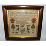 A VICTORIAN SAMPLER by Maggie Alexander, dated 1887 in rosewood frame, 41 x 44cm, with frame 56 x