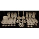 A SUITE OF LATE 19TH CENTURY DIAMOND CUT CRYSTAL comprising six large tumblers, 14.5cm high, fifteen
