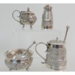 FOUR BURMESE EXPORT SILVER CONDIMENTS comprising two mustard pots, a salt and a pepperette with
