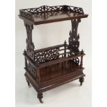 A VICTORIAN WALNUT WHAT NOT CANTERBURY with three quarter pierced gallery shelf above three