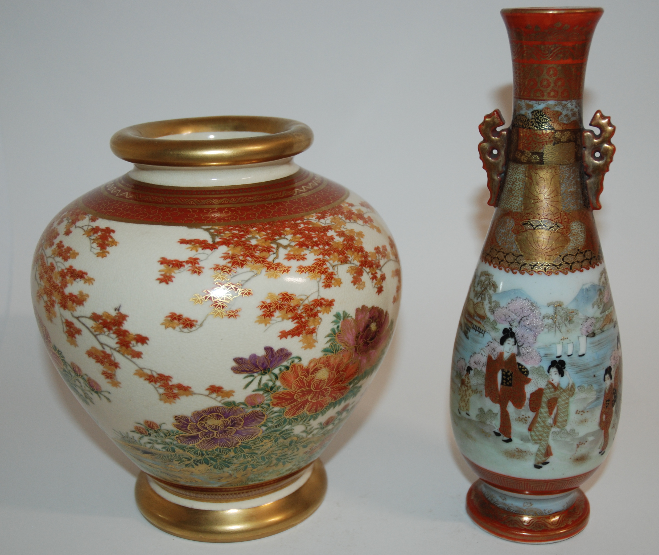 A PAIR OF SATSUMA CYLINDRICAL VASES painted with figures beneath wisteria and gilt trellis, the - Image 3 of 10