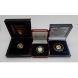 A CASED GOLD VIVAT REGINA SOVEREIGN with certificate with two cased 1/5 crown gold coins, The