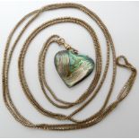 A 10CT GOLD FANCY GUARD CHAIN WITH ATTACHED CARVED PAUA SHELL HEART length of chain 160cm, weight